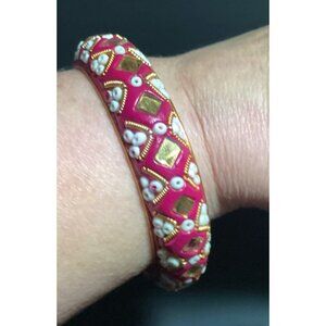 Traditional Lac Bangle Bracelet from India Pink with Mirrors Beads & Brass Trim